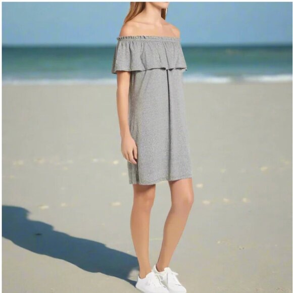 Current Elliott Mini Dress Small Gray Off Shoulder Ruffle Stretch Jersey Summer - Picture 5 of 7